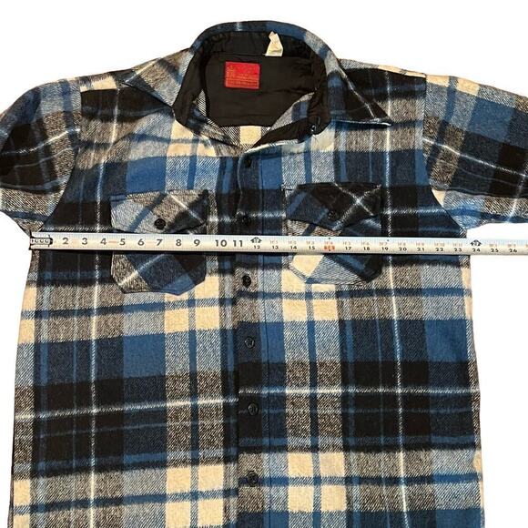 Vintage 70s Kings Road Loop Collar Wool Flannel Shirt Blue Plaid Sears Sz Large - Picture 3 of 8